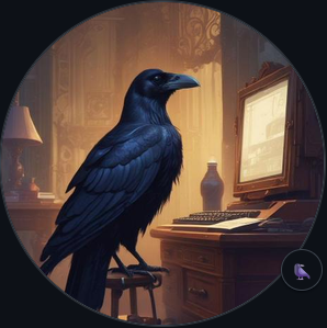 An iridescent blue raven beside a glowing vintage computer in a warm, wood-lined workshop